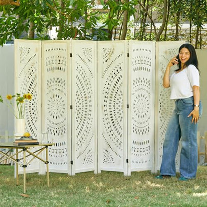 Svimi Room Divider Wood Carved Wall Divider Indoor Folding Bohemian Style Portable Partition Screen for Home Office Garden Terrace - 6 Panels (Antique, White-Washed)