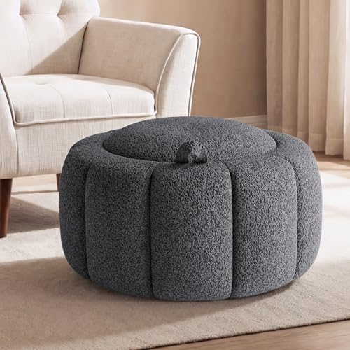 Tbfit Round Storage Ottoman - No Assembly Required, Storage & Sturdy Structure Multi-Functional Seat/Footrest for Living Room, Bedroom & Kids Room Soft Fabric for Family Home Use, Grey - color: Grey-teddy