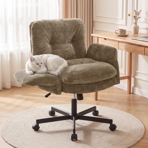 FiveWillowise Cross Legged Office Chair with Flip-up Arms&Low Back,Brown | Criss Cross Chair With Thicken Wide Seat,Lounge Makeup Vanity Chairs with Side Pockets,Comfy Home Office Desk Chair,Chenille - color: Brown