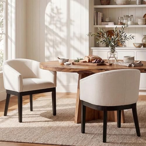 HNY Barrel Dining Chairs Set of 2, Mid Century Modern Upholstered Dining Chairs with Arms, Linen Kitchen & Dining Room Chairs, Solid Wood Frame Accent Chairs for Kitchen, Apartment, Cream - color: Cream,black Lges, size: 2 Chairs