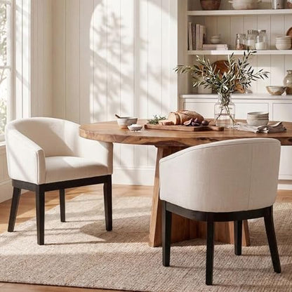 HNY Barrel Dining Chairs Set of 2, Mid Century Modern Upholstered Dining Chairs with Arms, Linen Kitchen & Dining Room Chairs, Solid Wood Frame Accent Chairs for Kitchen, Apartment, Cream - color: Cream,black Lges, size: 2 Chairs
