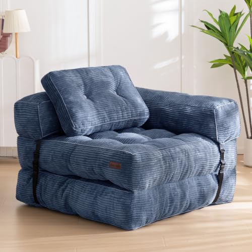 MAXYOYO Folding Sofa Bed, Convertible Chair Bed with Pillow | L-Shaped Floor Sofa with Armrest and Pillow, Foldable Portable Fold Out Comfy Chair Bed for Living Room Bedroom, Dusty Blue - color: Dusty Blue