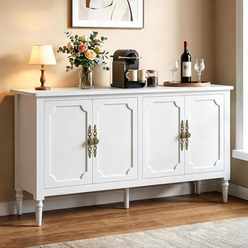 RoyalCraft Buffet Cabinet with Storage, 59" Vintage Sideboard with Adjustable Shelves, Mid Century Modern Painted Credenza Coffee Bar for Kitchen, Dining Room, Entryway, Living Room, Satin White - color: Satin White, size: 1 Piece
