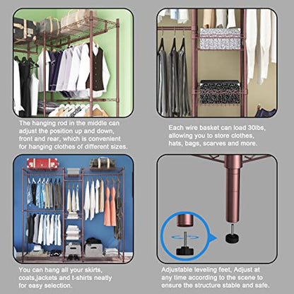 XIOFIO 6 Tiers Heavy Duty Garment Rack,Clothing Storage Organizer, Metal Clothing Rack,Clothing Rack with Hanging Rod,Adjustable Shelf and Fixed Baskets,60.7"L x 15.7"W x 70.5"H Max Load 720LBS,Bronze - color: Bronze