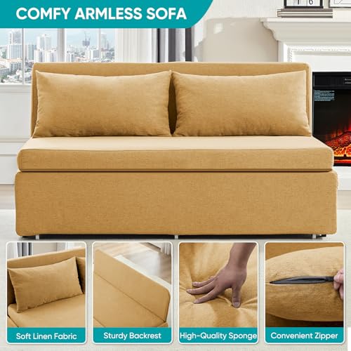 BALUS 43" W Queen Size Sleeper Couch Bed Pull Out Sofa with Pullout Beds, 2 in 1 Convertible Linen Single Sleepers Sofas Chair with Foldable Mattress and Pillows for Small Space Apartment, Yellow - color: Yellow, size: Queen