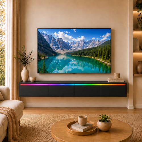 Black Floating TV Stand Wall Mounted, 72.8" Media Console | Fits Up to 80* TV, Black finish, midcentury modern tv stand. - color: Black-c