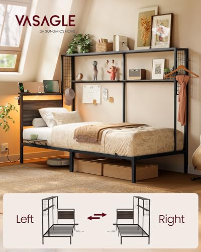 VASAGLE Twin Size Metal Bed Frame with Headboard, Multifunctional Storage, Built-in LED Lights, Charging Station, Bookshelf, Bedside Shelf, Space-Saving, No Box Spring Needed, Ash Brown URMB963K01 - color: Ash Brown