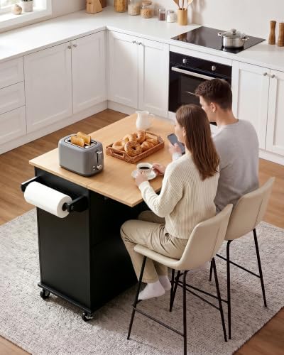 VEVOR Kitchen Island Cart with Storage, 43.58 in Wide Mobile Rolling Storage Island on Swivel Wheels, with 2 Drawers, Storage Cabinet, Drop Leaf, Spice/Towel Rack, Table for Home Dining Room, Black | Home Dining Meal Prep Station With Spice Towel Rack Hoo