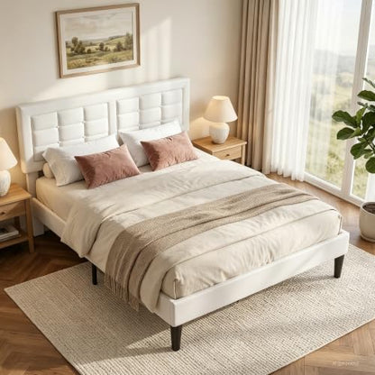 VECELO Full Size Bed Frame, Adjustable Upholstered Button Tufted Headboard, Heavy-Duty Bedframe with Wood Slats Support, No Box Spring Needed, Linen & White - color: Linen & White, size: Full, style: Bed Frame