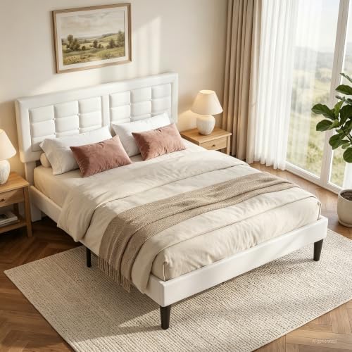 VECELO Queen Size Bed Frame, Adjustable Upholstered Button Tufted Headboard, Heavy-Duty Bedframe with Wood Slats Support, No Box Spring Needed, Linen & White - color: Linen & White, size: Queen, style: Bed Frame