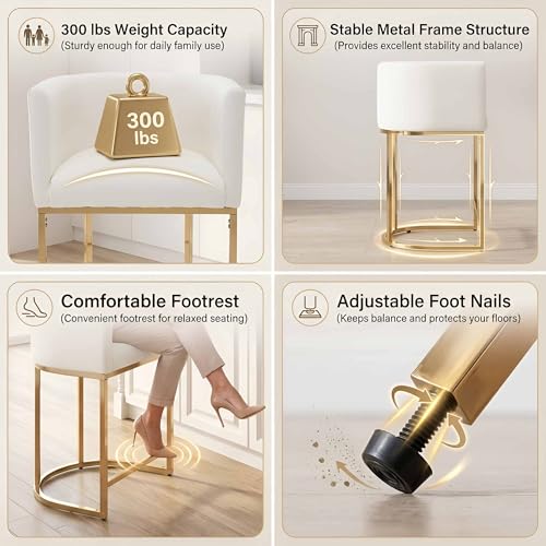 HNY Modern Barrel Counter Height Gold Clearance Bar Stools Set of 2, 24 Inch Kitchen Bar Stools with Back, PU Leather Barstools Bar Height for Island with Golden Metal Tubular Frame, White - color: 24inch ,White,gold Base