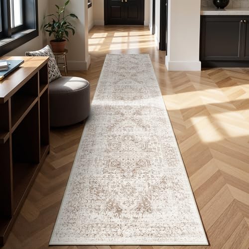 3x14 Washable Hallway Runner Rug: Long Vintage Soft Non Slip Rug IvoryBeige | Pet Friendly Water Resistant Low Pile Design Easy Clean Durable for Entryway Kitchen Living Room and High Traffic Areas - color: Ivory/Beige, size: 3' x 14' (Runner)