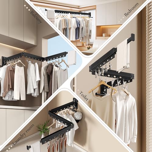 Wall Mounted Collapsible Clothes Drying Rack, Durable Space-Saving Laundry Drying Rack Clothing Hanger, Upgraded with Clips and Windproof Holes - style: Upgrde-Black Rings with Clips