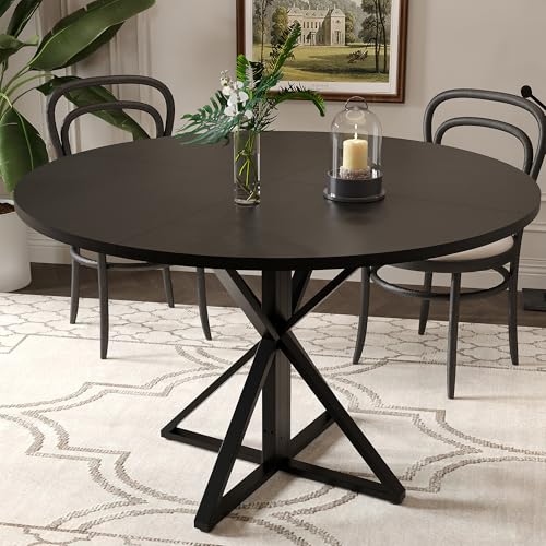 GarveeHome 47 Inch Round Dining Table for 4-6-Black/Only Table | Circle Kitchen Table with Pedestal Base, Farmhouse Wooden Dining Table for Small Spaces, Kitchen & Dining Room, Living Room - color: Black