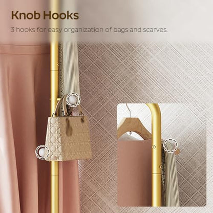 L Shaped Glod Coat Rack, Metal Coat Tree, Modern Clothes Rack with 3 Hooks and Thickened Base, Floor Standing Coat Hanger Stand, for Entryway, Living Room, Cloakroom, Gold and White YM01DWY1