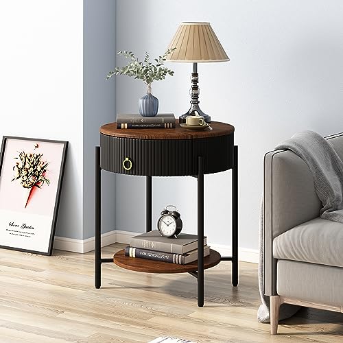 OIOG Wood Grain Side Table with Drawer, 2 Tier End Table, Black and Brown | Round Nightstand, Modern Side table, End Table with Storage, MDF Tabletop ang Shelf, For Living Room, Bedroom, Office, Dorm - color: Black