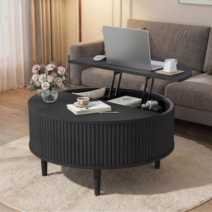 31.5" Round Coffee Table with Lifting Top, Storage for Living Room, Black | Fluted Center Table, Mid Century Modern Design for Home Office and Small Space with 4 Hidden Compartments - color: Black