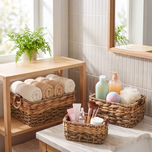 Set of 3 Wicker Basket Natural Seagrass Hyacinth Nesting Storage Baskets with Handles for Organizing Shelves Closet Pantry Living Room Decorative Woven Baskets
