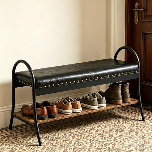 Forteek 39.4'' Shoe Storage Bench, Entryway Bench with Storage Shelf | Faux Leather Padded Seat with Nailhead, Metal and Wood Shoe Rack Bench for Hallway, Entryway, Living Room, Easy Assembly - color: Black