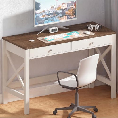 ChooChoo 40 Inches Farmhouse Computer Desk with 2 Drawers | Wooden Writing Desk, Study Desk for Home Office, Makeup Vanity, Soft White - color: Soft White, size: 40inch without Power Outlet