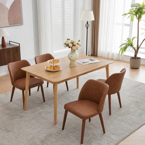GarveeHome Wooden Dining Chair Set of 4 Upholstered Leather Dining Chair | Kitchen Chairs with Thick Cushions, Wing Backrest for Dining Room, Living Room, Dark Grey, No tool assembly, No Wobble - color: Brown Pu