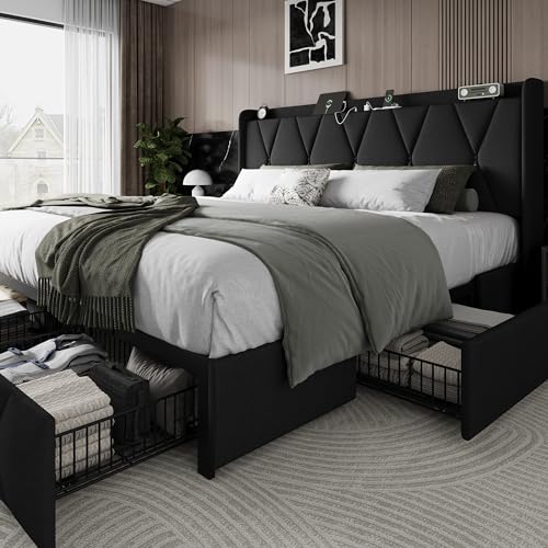 Einhomn King Size Bed Frame with 4 Storage Drawers and Charging Station, Upholstered Platform Bed Frame with Storage Headboard, No Box Spring Needed, Easy Assembly, Black - color: Black, size: King