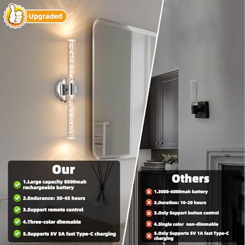 Silver Wall Light LED Battery Operated Wall Sconces(2 Pack), 20-Inch Dimmable Crystal Wall Sconce, Rechargeable Chrome Bubble Wall Lights, Wireless Wall Lamp for Bedroom, Living Room - color: Chrome