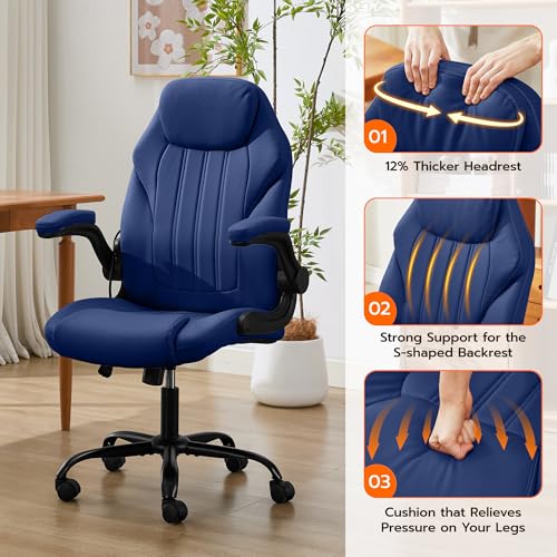 Ylzyxal Office Desk Chair, Ergonomic Computer Chair with Padded Flip-Up Arms and Adjustable Lumbar Support, PU Leather Executive Chair with Tilt Lock and 360° Swivel Rolling Wheels for Work, Study - color: Blue