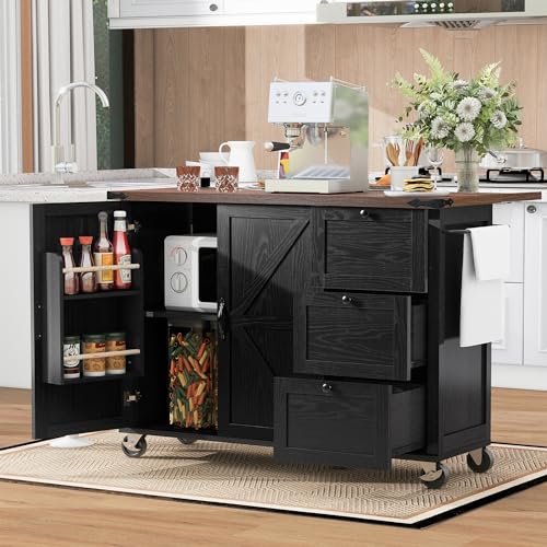 54.5”Farmhouse Kitchen Island Cart with Power Outlet, Black | Rolling Kitchen Island, Drop Leaf, Power Outlet, USB Ports, Barn Doors, 2-Tier Storage, Spice Rack, 5 Lockable Wheels - color: Black-54.5"