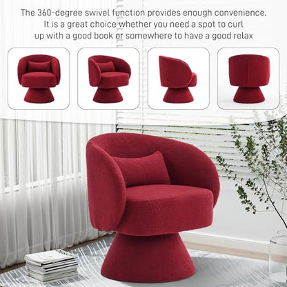 Swivel Barrel Chair Set of 2 , 360 Degree Small Accent Chair, Boucle Red | Modern 360 Degree Swivel Barrel Chair Set, Comfy Small Vanity Accent Chair with Pillow for Living Room,Bedroom,Office - color: Red