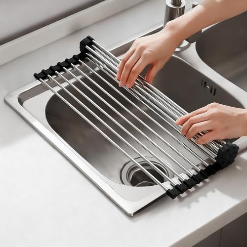 NEZUIBAN Dish Drying Rack with Roll Up and Over Sink for Kitchen,17.5"x11.8",Black - size: 17.5"x11.8"