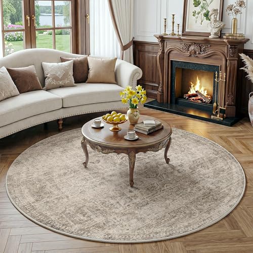 FMFUNCTEX 6ft Round Washable Taupe Vintage Large Area Rug for Living Room | Non Slip Low Pile Soft Indoor Circle Carpet Distressed Farmhouse Traditional Retro Floral Pattern Dining Room Bedroom Nursery - color: Taupe, size: 6' (Round)