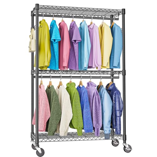 M MZG Heavy Duty Rolling Garment Rack 3 Tiers Adjustable Wire Shelving Clothes Rack with 2 Rods and Side Hooks,Storage Closet Clothing Rack with Wheels Black 15.7" D x 45.3" W x 79.6" H - color: Black, size: 3 Tier and 2 Rod 15.7"D x 45.3"W x 79.6"H
