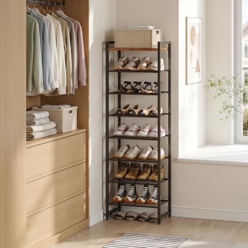 Narrow Shoe Rack 8-Tier, Tall Shoe Organizer for Small Spaces | Rustic Brown and Black, Holds Up to 18 Pairs, for Closets, Entryways, Garage, Dorm Rooms, Reinforced Wire Shelves, Wood Top - color: Rustic Brown and Black, size: 8 Tier