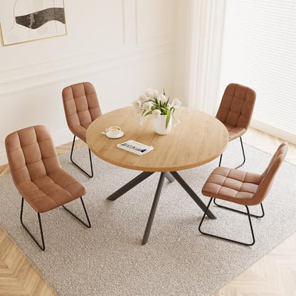 HIPIHOM 45.3 Inch Round Dining Table Set for 4, Mid Century Modern Small Kitchen Coffee Set for Dining Room Kitchen Apartment (Oak Table + 4 U-Shaped Brown Chairs) - color: Oak Table+4 U-shaped Brown Chairs