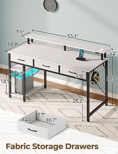 Rolanstar Computer Desk with Power Outlets & LED Light, 55 inch Home Office Desk with Drawers and Storage Shelves, Writing Desk with Monitor Stand, Modern Work Study Desk for Home Office, White