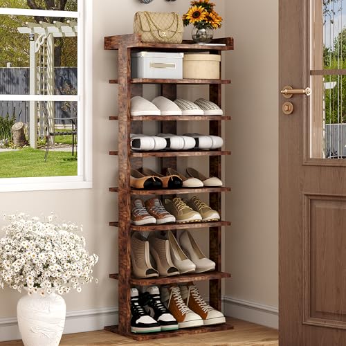 HOMEFORT 7-Tier Wood Shoe Rack, Double Rows Shoe Shelf, Shoe Storage Stand, Entryway Shoe Tower, Vertical Shoe Organizer for Narrow Closet, Entryway, Hallway, Rustic Brown - color: Rustic Brown, size: 11.02"Dx18"Wx45.07"H