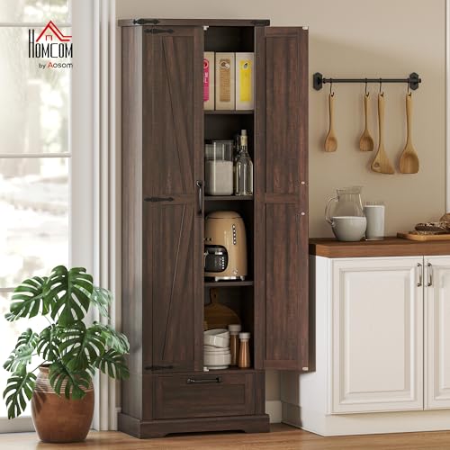 HOMCOM 71" Tall Kitchen Pantry Storage Cabinet Barn Doors Drawer Brown | Farmhouse, Adjustable Shelves, Freestanding Food Pantry Cabinet, for Kitchen, Dining Room - color: Brown