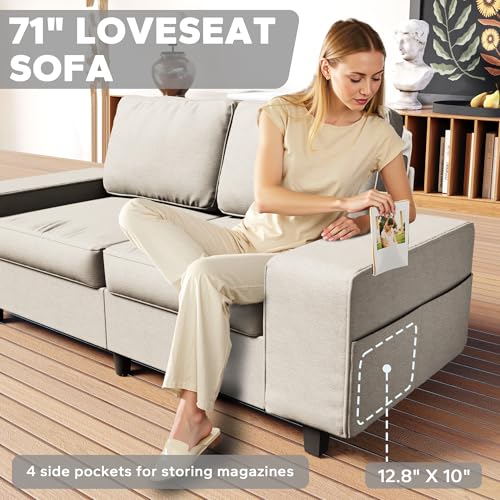 71" Small Loveseat Couch, 2 Seater Chenille Sofa with 4 Side Pockets, Removable and Washable Cushions, Mid Century Modern, Living Room, Apartment, Studio (Cream) - color: Cream Chenille, size: 71 "