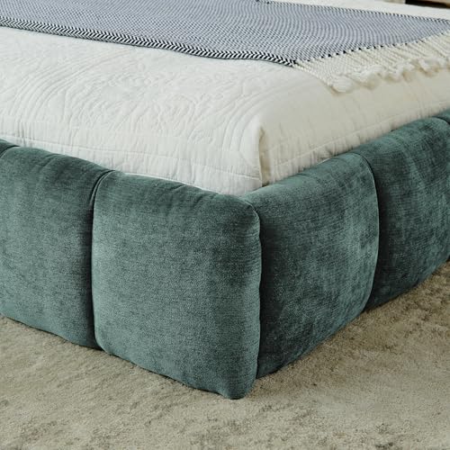 Chenille Fabric Upholstered Platform Bed Frame with Soft Headboard, Modern Low Profile Grounded Design, No Box Spring Needed, Sturdy MDF & Wood Frame, Neutral Style (Blue green, King (U.S. Standard)) - color: Blue Green, size: King (U.S. Standard)