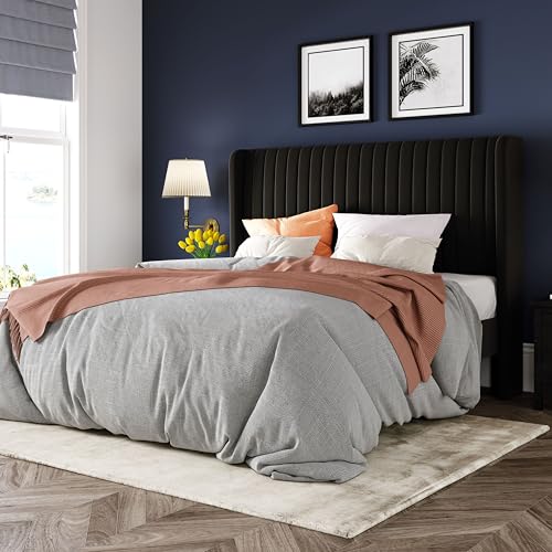 Allewie Queen Size Velvet Bed Frame/Vertical Channel Tufted Wingback Headboard/Upholstered Platform Bed/Strong Wooden Slats/No Box Spring Needed/Easy Assembly/Black - color: Black, size: Queen