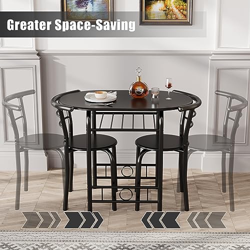 JUMMICO 3-Piece Wooden Round Table & Chair Set | Kitchen Breakfast Nook Wood Grain Tabletop with Metal Frame and Built-in Wine Rack for Kitchen, Dining Room (Black) - color: Black