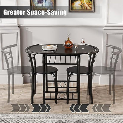 JUMMICO 3-Piece Wooden Round Table & Chair Set | Kitchen Breakfast Nook Wood Grain Tabletop with Metal Frame and Built-in Wine Rack for Kitchen, Dining Room (Black) - color: Black
