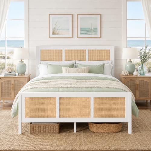 IMMERSTABLE Rattan Full Bed Frame with Headboard and Footboard, Boho Metal Platform Bed Frame Full Size with 13.8 in Under Bed Storage, Heavy Duty Metal Slat Support, No Box Spring Needed, White - color: White, size: Full