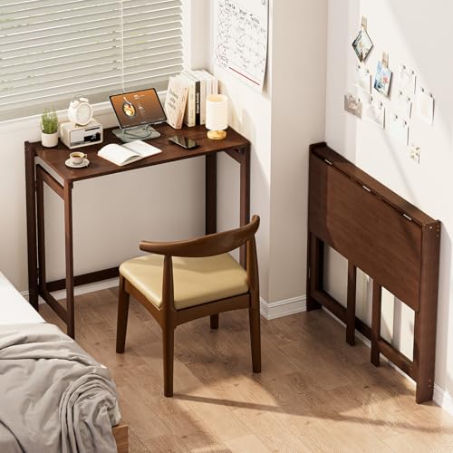 Folding Desk for Small Spaces, Bamboo Foldable Desk, Small Computer Table | Small Computer Desk, Mid Century, Fold Out，Compact Size, for Bedroom, Living Room, Apartment, Home Office - color: Brown, size: 15.75"D x 32.68"W x 29.92"H