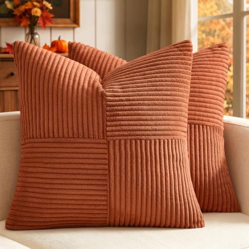 MIULEE Fall Burnt Orange Decorative Throw Pillow Covers for Couch 16x16 in | 2 Pack, Boho Farmhouse Pillow Covers, Soft Cross Corduroy Patchwork Textured Cushion Cases For Bed Sofa - color: Burnt Orange, size: 16" x 16" (Pack of 2)
