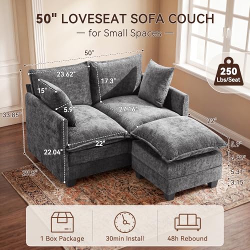 50" Loveseat Sofa with Ottoman, Cloud 2-Layer Cushion & 27" Deep Seat, Modern Love Seat Small Couch with 2 Washable Pillows for Small Spaces, Bedroom, Apartment, Office, Living Room, in a Box, Grey - color: Grey, size: Loveseat with Ottoman
