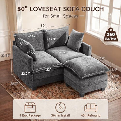 50" Loveseat Sofa with Ottoman, Cloud 2-Layer Cushion & 27" Deep Seat, Modern Love Seat Small Couch with 2 Washable Pillows for Small Spaces, Bedroom, Apartment, Office, Living Room, in a Box, Grey - color: Grey, size: Loveseat with Ottoman