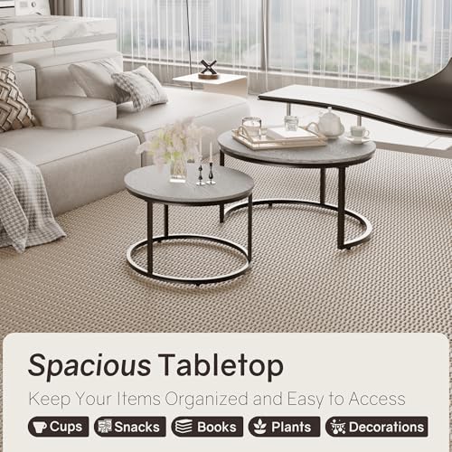 Otterease Nesting Tables Set of 2, Small Round Coffee Table for Living Room | Nesting Coffee Table with Adjustable Non-Slip Feet, Wood Grain Top Nesting Table for Living Room, Bedroom (Wood Grain Grey) - color: 31.5" Wood Grain Grey