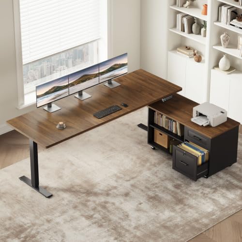 63" L Shaped Electric Standing Desk with Cabinet Sets, Walnut/Black | Mobile Drawers & File Cabinet Sets for Flexible Layout, Height Adjustable Executive Stand Up Desk for Home Office Workstation - color: Walnut+black, size: 63 Inch